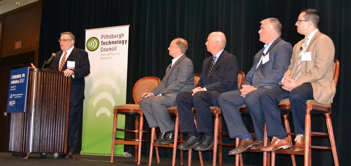 Moderator Matt Butkovic of CERT poses questions to four panelists, (left to right) Fred Hintermister, David J. Hickton, Matt LaVigna and Grant Ervin.