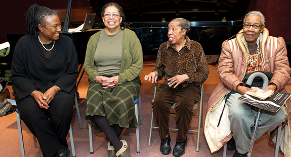 From left, pianist and Pitt Jazz Studies Program Director Geri Allen chats with Mary Lou Williams’ relatives Bobbie Ferguson, Geraldine Garnett, and Margaret Burley.