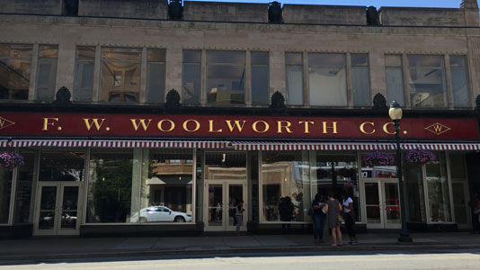 The building that housed the Woolworth lunch counter, where the Greensboro Four sat in civil protest.