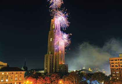 The University of Pittsburgh's Homecoming 2010 welcomed alumni, students, friends, and families to the Pittsburgh campus Oct. 28-31. Fireworks showed the Cathedral of Learning in its splendor.
