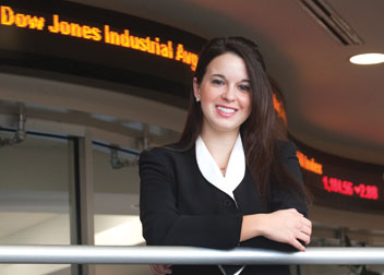 Founder of Trading Pitt, the University’s first undergraduate investment club, Cara Repasky stands in front of the business school’s state-of-the-art financial laboratory, which was launched in 2008. The $2.3 million, 3,000-square-foot lab provides students with real-time stock market data and access to faculty who are seasoned in global financial markets.