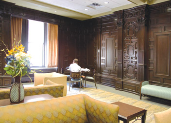 First-floor study area showcases the oak paneling from the former Fort Pitt Hotel. 