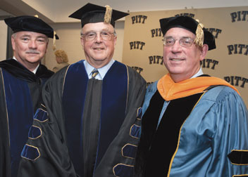 From left, Pitt Board of Trustees Chair Stephen R. Tritch (ENGR ’71, KGSB ’77), who also is chair of the Westinghouse Electric Company; John A. Swanson (ENGR ’66G), commencement speaker, Pitt trustee since 2006, and the founder and retired president, CEO, and director of ANSYS, Inc., who received the Doctor of Science Honoris Causa degree during the ceremony; and Gerald Holder, professor and U. S. Steel Dean, Swanson School of Engineering.