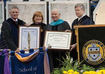 Senator Benjamin L. Cardin received the degree of Doctor of Public and International Affairs Honoris Causa during Pitt’s May 1 commencement. From left, Pitt board chair Stephen R. Tritch, Pitt Provost and Senior Vice Chancellor Patricia E. Beeson, Cardin, and Pitt Chancellor Mark A. Nordenberg.