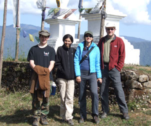 Students from the Swanson School of Engineering teamed up with their counterparts from the Indian Institute of Technology in Kanpur, working in the Indian Himalayas to popularize bamboo as a sustainable construction material. Posing on the road from Rimbik to Darjeeling are (left to right) former Pitt senior Derek Mitch, who graduated in 2009; Bhavna Sharma, civil engineering postdoctoral researcher and recipient of an Integrative Graduate Education and Research Traineeship fellowship from Pitt’s Mascaro Center for Sustainable Innovation; civil engineering doctoral student Maria Jaime; and civil engineering professor and William Kepler Whiteford Faculty Fellow Kent Harries.
