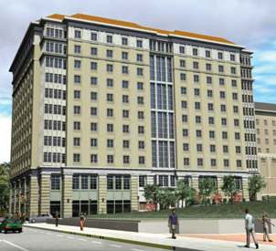 Rendering of residence hall at corner of Fifth Avenue and University Place