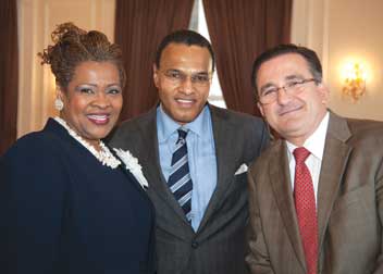 Pitt’s School of Arts and Sciences hosted the “African American Student Retention Symposium: From Theory to Practice” on Feb. 10 at the University Club. Freeman A. Hrabowski (center), president of the University of Maryland-Baltimore County, delivered the keynote address, “Beating the Odds—Best Practices and Lessons Learned for African American Student Achievement.” Hrabowski is pictured with Kathy W. Humphrey, Pitt vice provost and dean of students, and Juan J. Manfredi, Pitt vice provost for undergraduate studies.