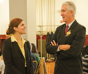 Legacy Laureate Frederick W. Thieman talks with Tessa Walker, a second-year Pitt Law student, during the Oct. 13 luncheon.