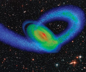 A computer simulation of the Sagittarius Dwarf galaxy (blue stream of stars) impacting our Milky Way galaxy (multicolored disk).