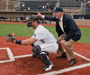 John M. Petersen calls the first strike on April 9, opening day of Pitt’s new Petersen Sports Complex, which stands on 12 acres at the peak of Pitt’s upper campus and provides state-of-the-art homes for the Panthers’ baseball, softball, and men’s and women’s soccer teams. Petersen, a 1951 graduate of Pitt with a bachelor’s degree in business administration, and his wife, Gertrude, have long maintained a strong relationship with the University, supporting scholarships and other activities in the College of Business Administration and the Pitt Department of Athletics. The Petersens’ generosity helped make a reality the Petersen Events Center, which has dramatically enhanced student life on campus since its completion in 2002.