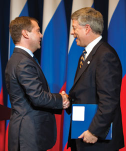 Russian President Dmitry Anatolyevich Medvedev (left) and Chancellor Mark A. Nordenberg