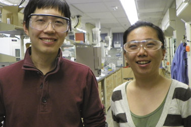 From left, Haitao Liu, an assistant professor in Pitt’s Department of Chemistry, and Hyo Jeong Kim, a Bayer Graduate Fellow.