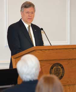 Pitt Chancellor Mark A. Nordenberg delivered opening remarks for the panel discussion titled "Natural Language Process in the World of Business, Law, and Medicine," in the University Club.