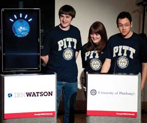 Watson and Pitt’s mock Jeopardy! team (from left), Brian Sisco, a junior majoring in computer science with a minor in math; Danielle Arbogast, a junior majoring in political science and communication with a minor in legal studies; and Richard Kester, a senior majoring in history and neuroscience with a minor in chemistry. 