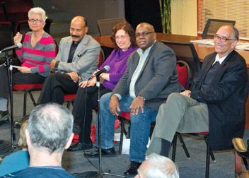 TALKING ABOUT 'RACE': Larry Davis, dean of Pitt’s School of Social Work, Donald M. Henderson Professor, and director of the Center on Race and Social Problems at Pitt, and Laurence Glasco, a Pitt history professor, participated in an Oct. 1 community panel discussion about David Mamet’s play Race. Performed by the Pittsburgh Irish & Classical Theatre (PICT) in the Stephen Foster Memorial’s Henry Heymann Theatre from Sept. 8 through Oct. 1, Race has been described as an incendiary story about perceptions and realities and the subtle shades between being a victim and being victimized. From left, Gale McGloin, panel moderator and PICT development and education director; Davis; Barbara Wolvovitz, a civil rights attorney; Tony Norman, Pittsburgh Post-Gazette columnist and associate editor; and Glasco.