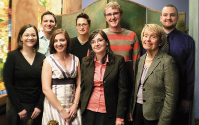 Seven Pitt graduate students received the 2010 Elizabeth Baranger Excellence in Teaching Award, given annually to acknowledge and promote outstanding teaching by Pitt graduate students. It was named in honor of former Pitt vice provost for graduate studies and emeritus professor of physics Elizabeth Baranger. Chosen from more than 50 nominees were (front row, from left) Jessica Yokley, a fourth-year doctoral student in psychology; Aimee Midei, a fifth-year doctoral student in clinical and health psychology; Madalina Veres, first-year doctoral student in history; Baranger; and (back row, from left) Thomas Pacio, who graduated May 2 with an MFA degree in performance pedagogy, theatre arts; Gabrielle “Brie” Owen, a fourth-year doctoral student in English; James Pearson, a seventh-year doctoral candidate in philosophy; and Michael Beran, a first-year doctoral student in physics who received an honorable mention.  The award, sponsored by Pitt’s School of Arts and Sciences Graduate Student Organization, carries a cash prize of $250 and helps graduate students prepare professionally for teaching careers. The group was honored April 23 during a reception at Oakland’s Lucca Ristorante. Not pictured is Suset Laboy Perez, a third-year doctoral student in history. 