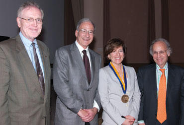 Ellen Frank (third from left), Distinguished Professor of Psychiatry in Pitt’s School of Medicine, delivered an April 6 talk, “Relieving the Burden of Mood Disorders: A Three-Decade Journey,” as part of the Provost’s Inaugural Lecture Series. Following the lecture in the Frick Fine Arts Auditorium, Frank was joined by (from left), Pitt Provost and Senior Vice Chancellor James V. Maher; David J. Kupfer, the Thomas Detre Professor of Psychiatry and Frank’s husband; and Arthur S. Levine, senior vice chancellor, Health Sciences, and dean of the University of Pittsburgh School of Medicine.