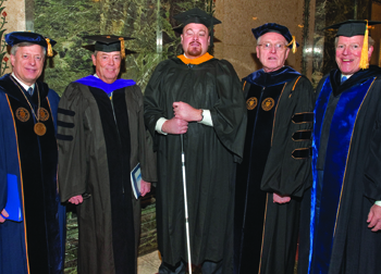 From left: Chancellor Nordenberg; Pitt's two 2010 Distinguished Alumni Fellows—Samuel A. McCullough (BUS '06), president and CEO of Griffin Holdings Group LLC, and Jeremy W. Feldbusch (A&S '01), national spokesperson for the Wounded Warrior Project—Provost Maher, and F. James McCarl, president of the Pitt Alumni Association.