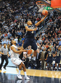 The Pitt Panthers beat No.1-ranked Connecticut 76-68 on Feb. 16 at the Huskies’ XL Center in Hartford, Conn. The game marked the Panthers’ first win ever over a No. 1-ranked team. Pictured is guard Jermaine Dixon driving for a layup during the game.