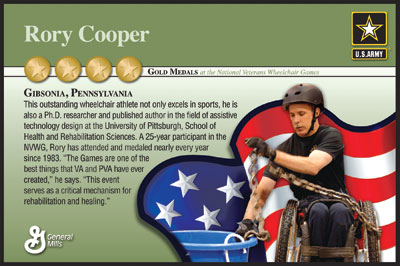 A picture of Rory Cooper, director of the Human Engineering Research Laboratories—a partnership among the University of Pittsburgh, UPMC, and the VA Pittsburgh Healthcare System—is featured on a special edition Cheerios box and “sports hero cards,” produced by General Mills. The box and cards are part of a national campaign organized by the U.S. Veterans Administration, VA Canteen Services, and General Mills to honor 12 gold medal winners of the 28th National Veterans Wheelchair Games. Cooper, who won four gold medals for swimming during those games, is the FISA/PVA Endowed Chair and a Distinguished Professor in the Department of Rehabilitation Science and Technology, Pitt’s School of Health and Rehabilitation Science. The special-edition Cheerios box and sports hero cards are sold exclusively in military markets and VA Canteen Services retail stores. 