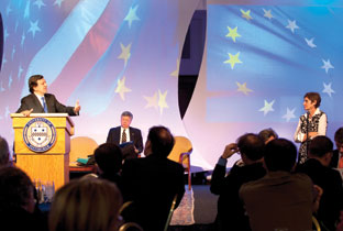 Alberta Sbragia (far right), as head of Pitt’s European Union Center of Excellence, and José Manuel Barroso, president of the European Commission (at podium), participated in a question-and-answer session in Alumni Hall during the September 2009 G20 Summit in Pittsburgh. For more than a decade, the European Center of Excellence has supported scholarship in public policy and European political, economic and legal integration, including trans-Atlantic research, exchange programs, and policy conferences. Sbragia is Pitt’s new vice provost for graduate studies effective Oct. 1.
