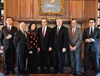 Namik Tan, the Republic of Turkey's ambassador to the United States, visited with Pitt Chancellor Mark A. Nordenberg on Feb. 3 in the chancellor's office. Also present were several members of the committee for Pitt's Turkish Room, soon to join the family of the 27 Nationality Rooms in the Cathedral of Learning. From left are Umit Alparslan Kilic, vice consul, Turkish Consulate in New York City; Sakir Oguz, treasurer, Pitt Turkish Room Committee; E. Maxine Bruhns, director, Nationality Rooms Program; Turkish Ambassador Tan; Chancellor Nordenberg; Malik Tunador, chair, Turkish Nationality Room Committee; and Oncu Keceli, second secretary of the Turkish Embassy.