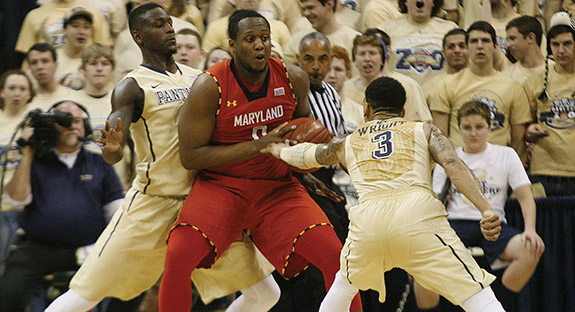 The University of Pittsburgh men’s basketball team has entered the national Top 25 rankings for the first time this season. The Panthers were ranked 22nd in the Associated Press poll and 21st in the USA Today’s coaches’ poll, released Jan. 13. Above, Pitt’s Cameron Wright (No. 3), a senior guard, and Talib Zanna (No. 42), a senior forward, take charge during the Jan. 6th game against Maryland in the Petersen Events Center—the first Atlantic Coast Conference men’s basketball game that Pitt has hosted. Final score: Pitt 79, Maryland 59.