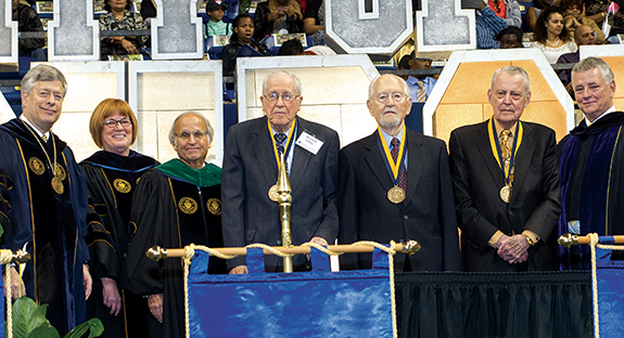 From left, Pitt Chancellor Mark A. Nordenberg; Provost and Senior Vice Chancellor Patricia E. Beeson; Arthur S. Levine, Pitt’s senior vice chancellor for the health sciences and John and Gertrude Petersen Dean, School of Medicine; Bernard Fisher, emeritus professor and a pioneering breast cancer researcher; Julius Youngner, Distinguished Service Professor Emeritus of Molecular Genetics and Biochemistry, and a pioneer in polio prevention; Thomas E. Starzl, Distinguished Service Professor of Surgery who is known as  the “Father of Transplantation;” and Pitt Board of Trustees Chair Stephen Tritch.