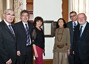 From left, Czech Senators Jiri Bis and Vaclav Homolka; Maryann Sivak, assistant to E. Maxine Bruhns, director of Pitt’s Nationality Rooms and Intercultural Exchange Programs; Bruhns; Martin Dvorak, Czech Consul General, New York City; and Czech Senator Tomas Grulich.