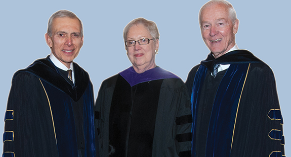 Three Distinguished Alumni, selected by Pitt’s Alumni Association, were honored during the Feb. 28 event in Oakland’s Carnegie Music Hall. From left, trustee Robert M. Hernandez (A&S ’66), retired vice chair and chief financial officer, USX Corp.; the Honorable Mary Jo Ransford White (LAW ’67), a former trustee and a retired Pennsylvania state senator; and Pitt emeritus trustee Thomas G. Bigley (BUS ’56), retired managing partner of Ernst & Young LLP’s Pittsburgh office.  