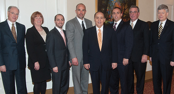 From left, Joseph W. Fink, associate vice chancellor, Pitt Office of Facilities Management; Pitt Provost and Senior Vice Chancellor Patricia E. Beeson; Michael Mascaro; John Mascaro; John C. “Jack” Mascaro; Jeff Mascaro; Gerald D. Holder, the U.S. Steel Dean of Pitt’s Swanson School of Engineering; and Pitt Chancellor Mark A. Nordenberg.