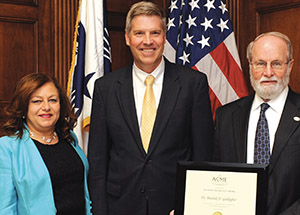 From left, Madiha Kotb, ASME president; Pitt Chancellor-Elect Patrick Gallagher; and J. Robert Sims Jr., incoming ASME president