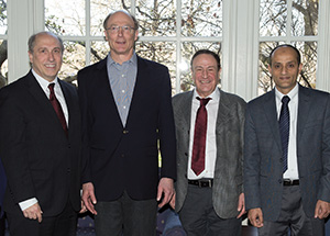 From left, Patricia E. Beeson, Provost and Senior Vice Chancellor; award recipients Dennis Galletta, George Reid Andrews, Richard Donato,  Abdus S. Wahed; and Vice Provost for Graduate Studies Alberta M. Sbragia