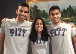 Triplets from South Brunswick, N.J.—from left, Sreyas, Samhita, and Sanjay Ravi—have enrolled as Pitt freshmen. 