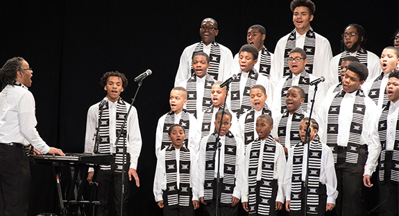 A Feb. 11 vocal performance by members of the Afro American Music Institute Boys Choir was one highlight of Pitt’s annual K. Leroy Irvis Black History Month Program, hosted by Pitt Chancellor Patrick Gallagher. The evening in Alumni Hall also included a video tribute to legendary pianist Erroll Garner and selections of Garner’s music performed by Pitt Jazz Studies Program Director Geri Allen, drummer Victor Lewis, and Garner’s former bassist Ernest McCarty. Garner’s massive archive of letters, photos, recording contracts, music, and memorabilia is housed within Pitt’s University Library System. (Photo by Aimee Colabine Beattie/Pitt CIDDE)