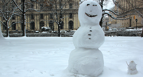 With a knowing grin, a snowman rests along the Fifth Avenue side of the Cathedral of Learning. His little sidekick wears an expression of awe, gazing at the majestic Gothic structure before him. No doubt, the sculptures were created during a burst of childlike silliness by artists forever anonymous. But surely the large snowman emits his creators’ life-giving energy. … In seed time learn, in harvest teach, in winter enjoy. — William Blake
