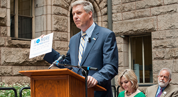 Chancellor Gallagher delivered the keynote address during a June 17 event aimed at raising awareness of—and stopping—gender violence. The Father’s Day Pledge signing event was sponsored by Southwest PA Says ‘No More,’ which is conducting a statewide campaign to showcase regional leaders who are standing up and speaking out against gender violence. Chancellor Gallagher held a large pledge card, which read, “I say ‘No More’ because there is no place for fear in a place of learning.” Among the many individuals who signed the pledge with Chancellor Gallagher were Allegheny County Executive Rich Fitzgerald and Pittsburgh City Council President Bruce Kraus. Seated behind the lectern are Robert Nelkin, United Way of Southwestern Pennsylvania president and CEO, and Sally Wiggin, WTAE news anchor and the event’s emcee. (Photo by Emily O'Donnell)