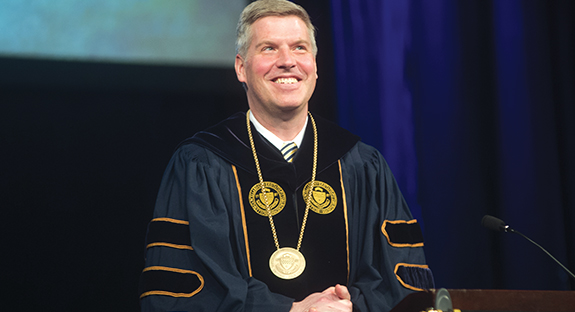 Patrick Gallagher was formally installed as Pitt’s chancellor and chief executive officer during the University’s 39th annual Honors Convocation on Feb. 28 at Carnegie Musical Hall, Oakland. He received the ceremonial Chancellor’s Medallion from Stephen Tritch, chair of the Pitt Board of Trustees. Gallagher is Pitt’s 18th chancellor.