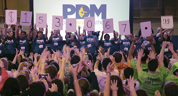 The letters FTK (“For The Kids”) were everywhere, including on t-shirts and as a popular hashtag on Twitter. Pitt students exceeded their $100,000 goal, raising $153,067.99 during the 24-hour Pitt Dance Marathon in February in Pitt’s Cost Sports Center. The funds will support children who are battling cancer at Children’s Hospital of Pittsburgh of UPMC. About 570 students registered, with each dancer raising at least $150 and committing to 24 hours on his or her feet as part of the event’s requirements.