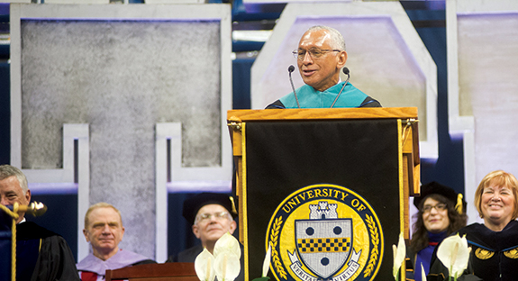 Charles F. Bolden Jr., Administrator of the National Aeronautics and Space Administration (NASA), delivered the keynote address during Pitt’s April 26 commencement ceremony in the Petersen Events Center. Bolden, a Hall of Fame astronaut who commanded and piloted the space shuttle, told the graduates:  “Our planet has a very big ‘help wanted’ sign on it—trust me on this, you can see it from space (not really)—and we’re counting on your generation. We’re counting on you to cure the previously incurable ... to tackle big challenges like climate change ... to teach us to live as one people on this beautiful planet.”