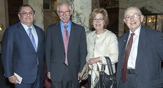 The Joseph M. Katz Graduate School of Business and College of Business Administration hosted a reception to celebrate the establishment of the H.J. Zoffer Chair in Leadership and Ethics—and the naming of David Shapira, executive chair of Giant Eagle’s Board of Directors, to hold the chair in a visiting capacity. The Zoffer chair honors Dean Emeritus H.J. Zoffer, who served as business dean for more than 28 years and remains on the faculty. From left, Katz Dean Arjang A. Assad; Shapira; Michele Tocci, president of the David Berg Foundation; and Zoffer. (Photo by Mary Jane Bent/Pitt CIDDE)