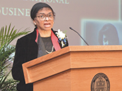 Lois Dougan Tretiak (at podium) was presented with the 2012 Distinguished Alumni Award from the Pitt African American Alumni Council (AAAC) during an Oct. 13, 2012, evening banquet.