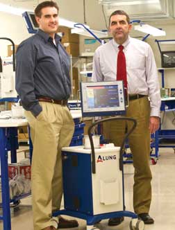 2-guys ALung Technologies, a Pittsburgh-based start-up, is conducting clinical trials in Europe involving a respiratory-assist device that does the job of a ventilator—without the ventilator. The product was developed in the laboratory of William Federspiel, the William Kepler Whiteford Professor of Bioengineering, Surgery, and Chemical Engineering. Above, Federspiel (right) stands with Scott Morley (ENGR ’04, KGSB ’09 ), ALung vice president for marketing.