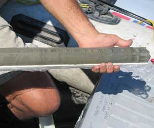 Core recovered from Castor Lake showing the fine sediment layers.