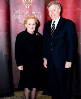 Albright-MAN Former U.S. Secretary of State Madeleine K. Albright delivered a talk on Nov. 10 as part of the Pittsburgh Middle East Institute’s Third Annual Conference. Her lecture addressed the necessity of meeting the challenges of global fundamentalism and radicalism. Held at Carnegie Music Hall in Oakland, the talk was preceded by a private sponsors’ dinner, where Pitt Chancellor Mark A. Nordenberg made welcoming remarks and was Albright’s dinner partner.