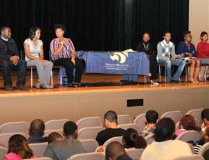 SEEDS OF A COLLEGE EDUCATION  Members of Pitt’s Black Action Society (BAS) met with students in University Prep 6-12, an academic magnet school in the Hill District that was formed through a partnership between the University and the Pittsburgh Public Schools. The Oct. 29 assembly was part of the Pitt African American Alumni Council’s (AAAC) Apple Seed Project, an annual community-service event during which AAAC members share their time and experience with students attending Pittsburgh Public Schools. Along with BAS, Pitt’s National Pan-Hellenic Council and the Blue and Gold Society cohosted visits to other schools on the same day.