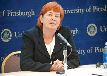 Patty Beeson talks to reporters following her election as provost