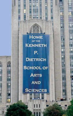 The University unfurled a banner from the 16th to the fifth floor of the Cathedral of Learning to announce the naming of Pitt’s School of Arts and Sciences after William. S. Dietrich II’s father, Kenneth P. Dietrich. Pitt also honored William Dietrich during a special halftime ceremony on Sept. 24 at the Pitt-Notre Dame football game.