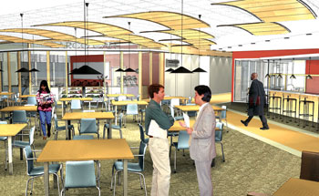 Cafe-Image-from-corne#DE042 Architectural rendering of Barco Law Building lounge renovations.