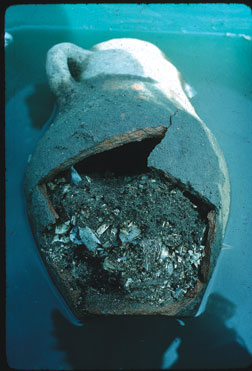 Burial urns such as this one contained calcined bones mixed with sediment that seeped in as the water table rose over the millenia.